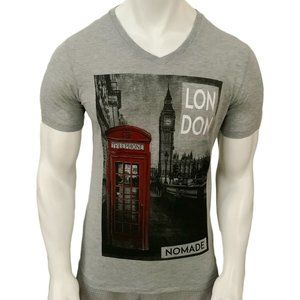 NWT LONDON ENGLAND BIG BEN RED TELEPHONE NOMADE MEN'S V-NECK GRAPHIC T-SHIRT L